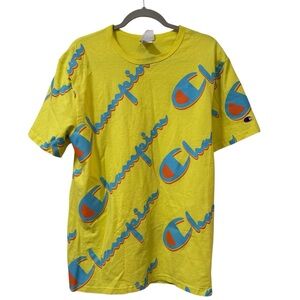 Champion All-Over Logo graphic tee yellow mens LARGE Y2K throwback athleisure